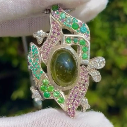 “Get Up” Custom Pendant Green Tourmaline Cabochon w/ Tsavorites, Emeralds, Garnets, Onyx, Diamonds, & Sapphires
