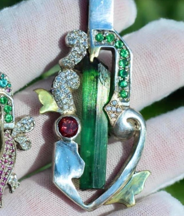 OG Series “Calliope” Gem Green Tourmaline Crystal with Rubellite Round Brilliant, Tsavorites, & Diamonds