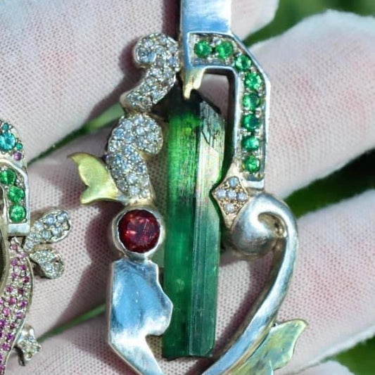 OG Series “Calliope” Gem Green Tourmaline Crystal with Rubellite Round Brilliant, Tsavorites, & Diamonds