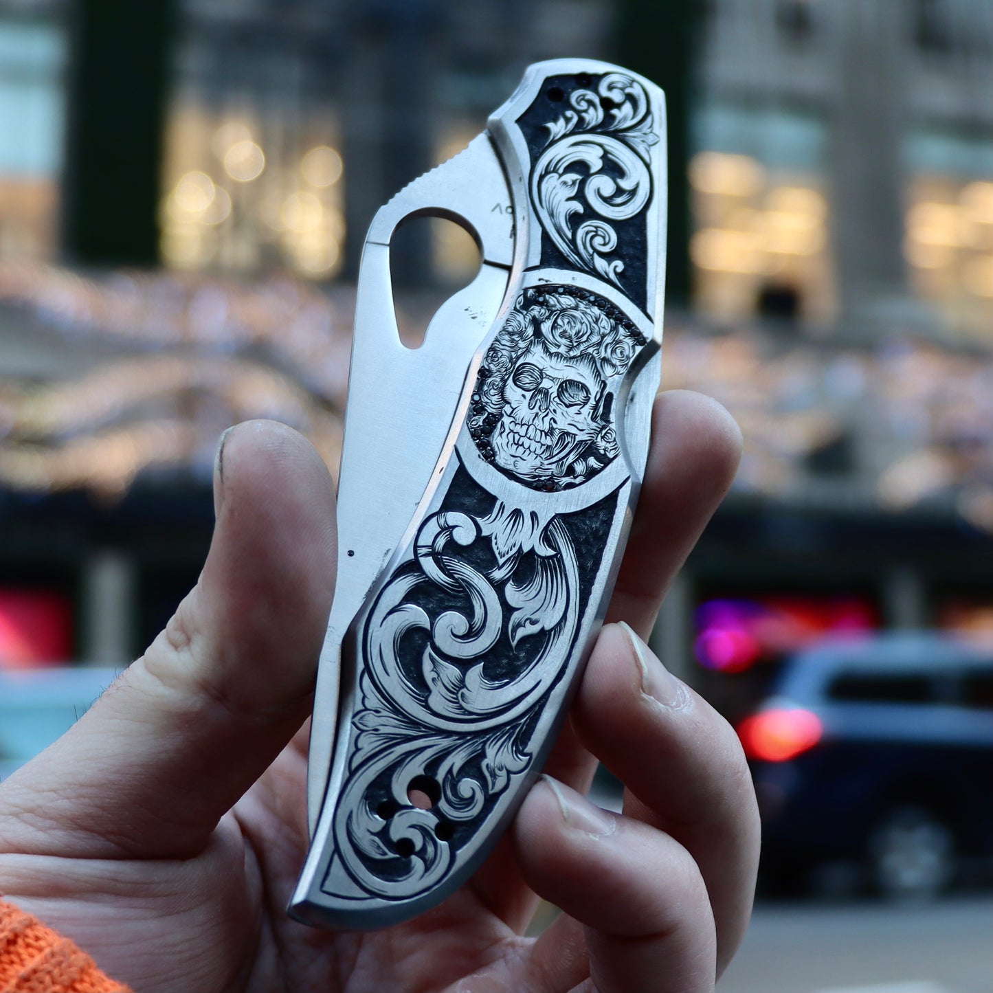 “I Had a Hard Run” Custom Hand Engraved Knife w/ Garnet Pave Set