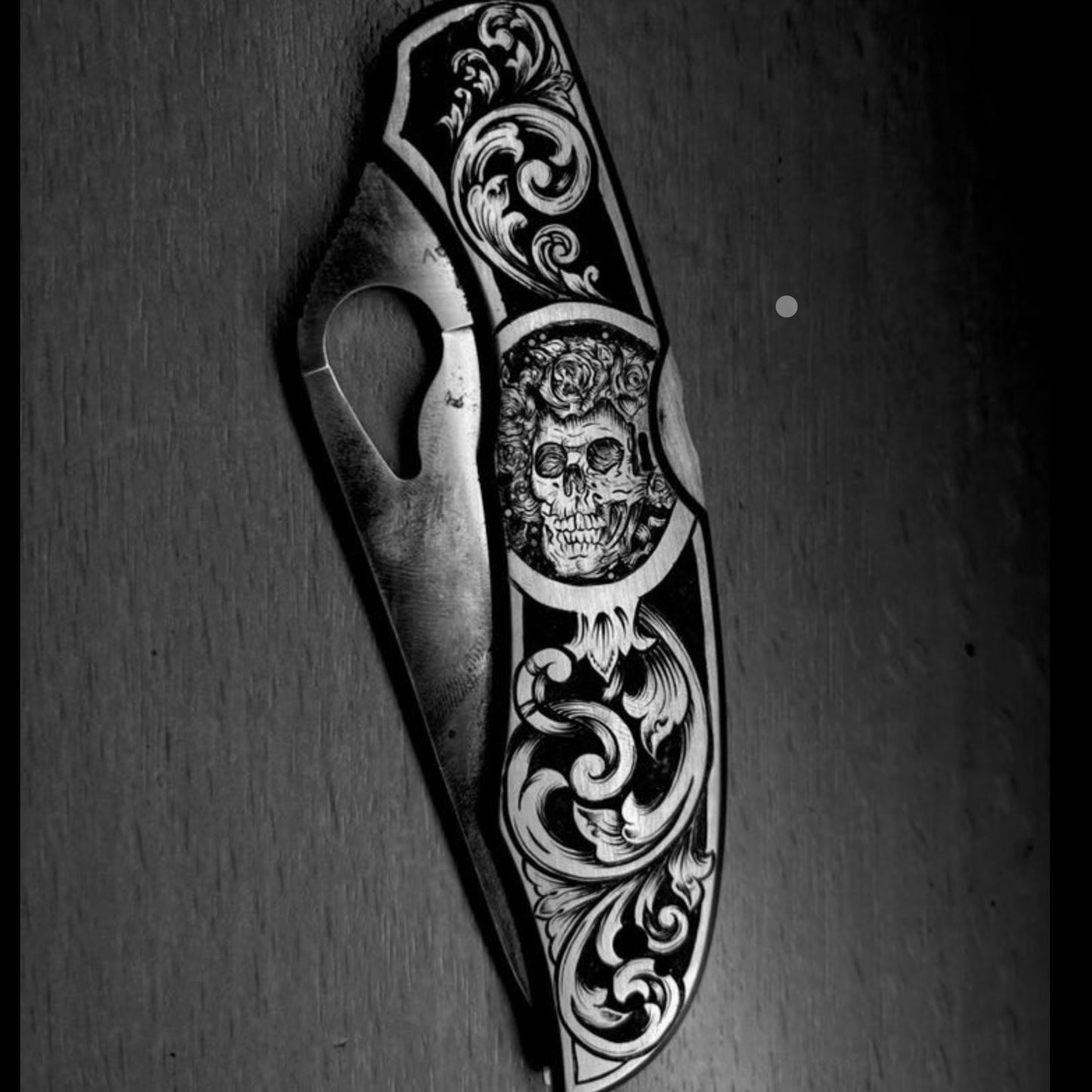“I Had a Hard Run” Custom Hand Engraved Knife w/ Garnet Pave Set