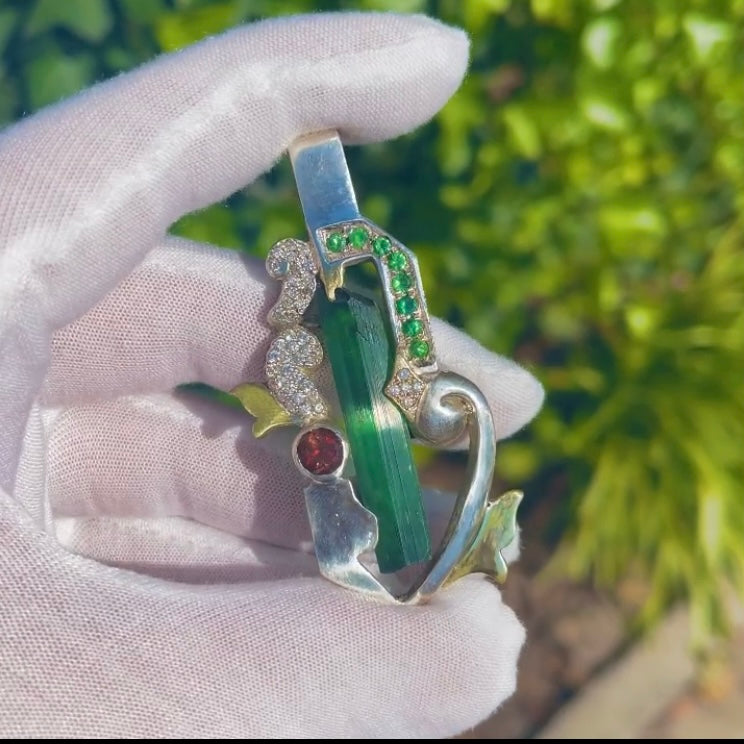 OG Series “Calliope” Gem Green Tourmaline Crystal with Rubellite Round Brilliant, Tsavorites, & Diamonds