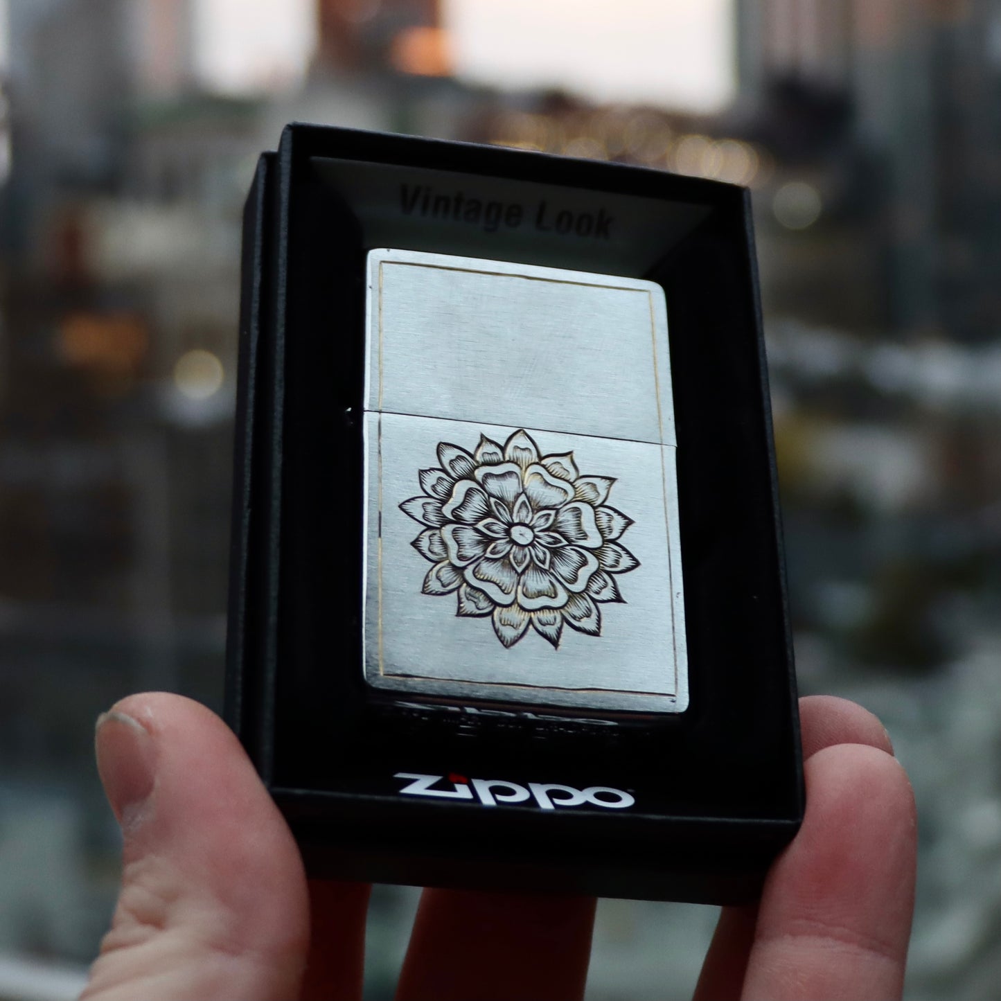 Hand Engraved Mandala on Stainless Steel & Brass Zippo Lighter