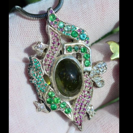 “Get Up” Custom Pendant Green Tourmaline Cabochon w/ Tsavorites, Emeralds, Garnets, Onyx, Diamonds, & Sapphires