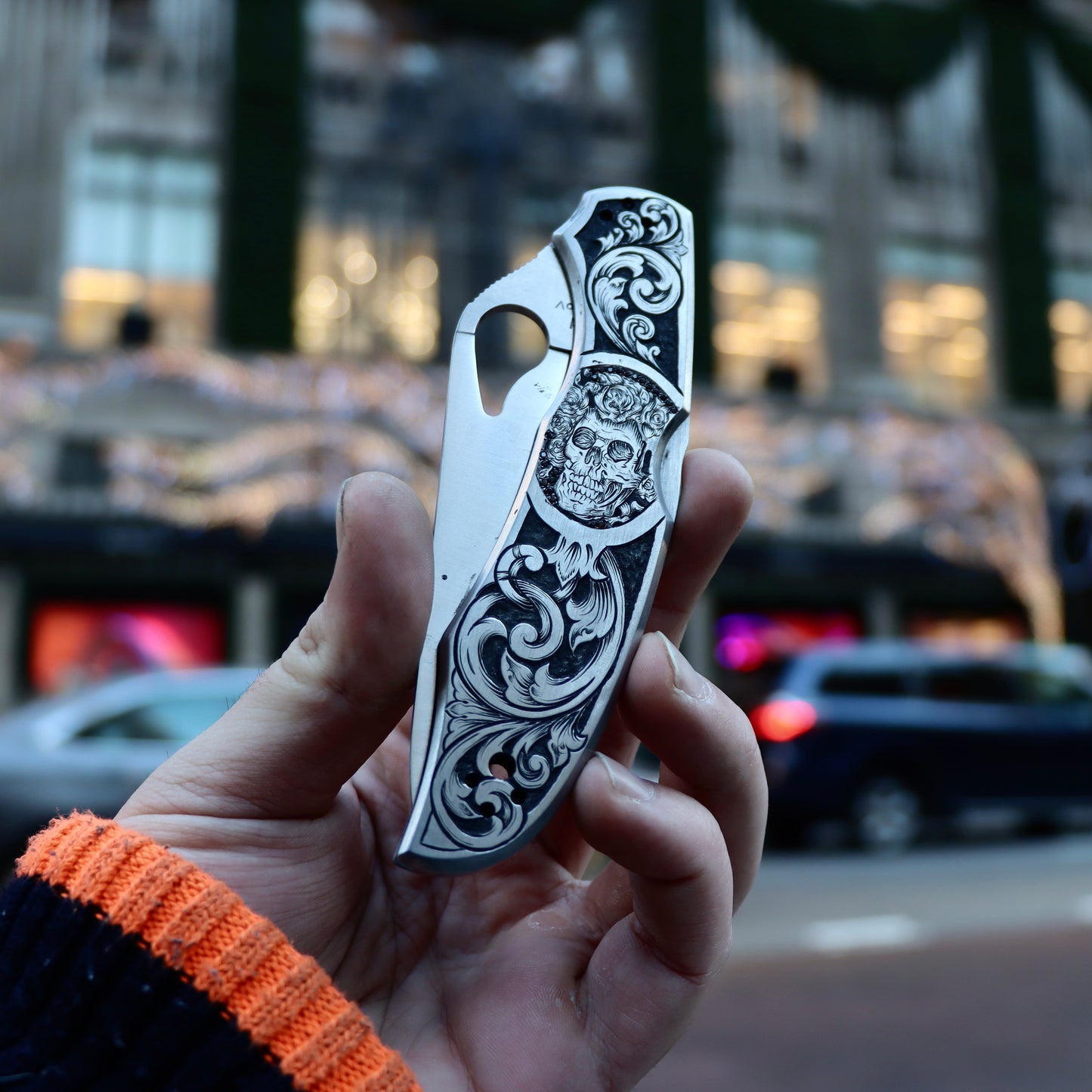 “I Had a Hard Run” Custom Hand Engraved Knife w/ Garnet Pave Set